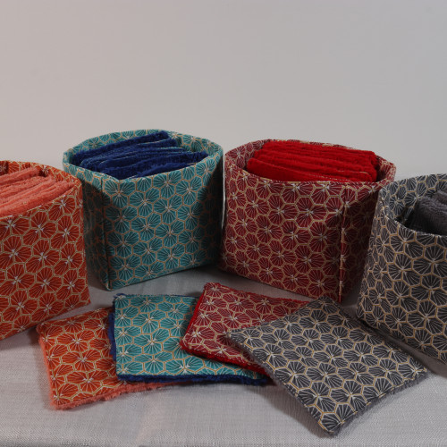 10 cotons en éponge bambou réutilisable et son panier motif hexagone