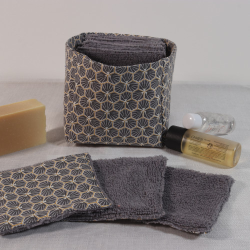 10 cotons en éponge bambou réutilisable et son panier motif hexagone