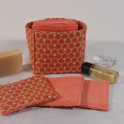 10 cotons en éponge bambou réutilisable et son panier motif hexagone