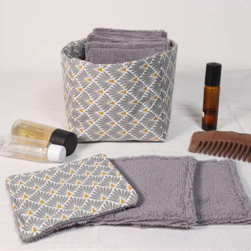 10 cotons en éponge bambou réutilisable et son panier motif hexagone