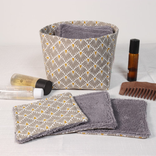 10 cotons en éponge bambou réutilisable et son panier motif hexagone