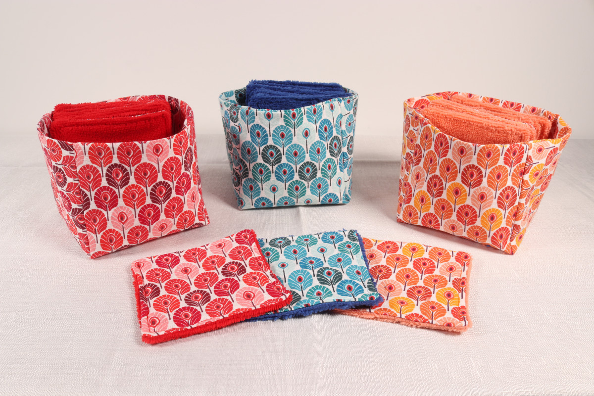 10 cotons en éponge bambou réutilisable et son panier motif plume 10 cotons en éponge bambou réutilisable et son panier motif plume