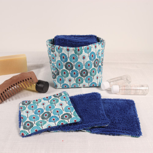 10 cotons en éponge bambou réutilisable et son panier motif plume