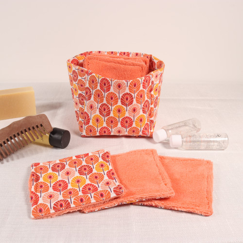 10 cotons en éponge bambou réutilisable et son panier motif plume