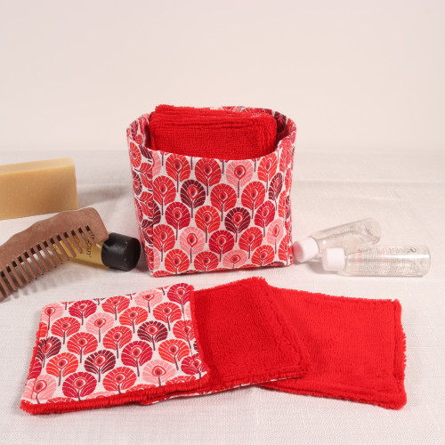 10 cotons en éponge bambou réutilisable et son panier motif plume