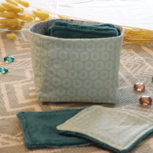 10 cotons en éponge bambou réutilisable et son panier motif soleil