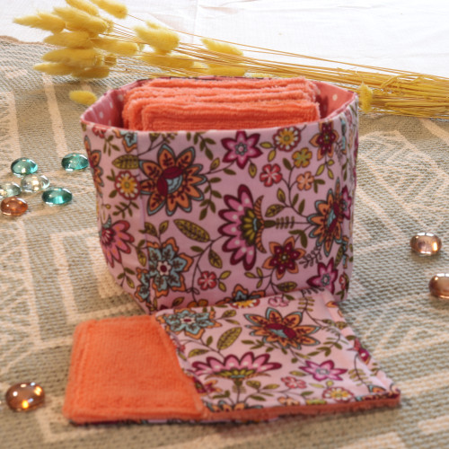 10 cotons en éponge bambou réutilisable et son panier motif fleurs