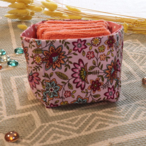 10 cotons en éponge bambou réutilisable et son panier motif fleurs