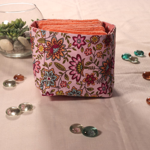 10 cotons en éponge bambou réutilisable et son panier motif fleurs