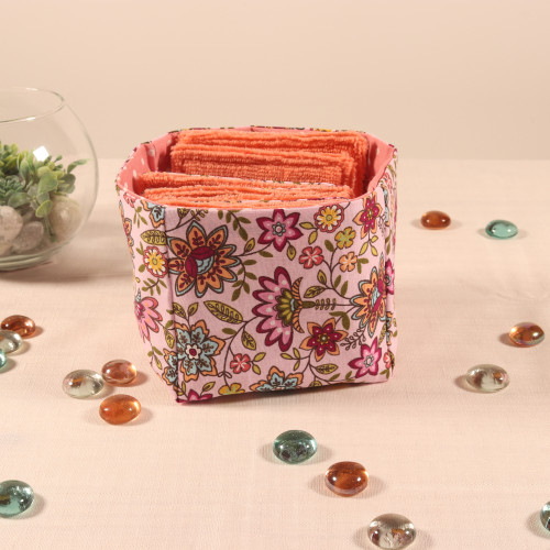 10 cotons en éponge bambou réutilisable et son panier motif fleurs