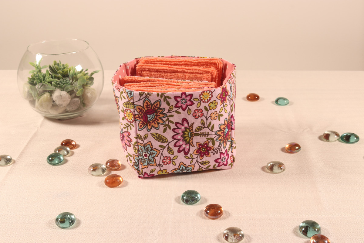 10 cotons en éponge bambou réutilisable et son panier motif fleurs