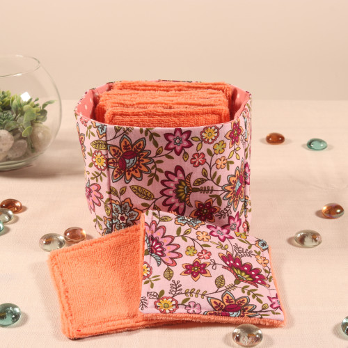 10 cotons en éponge bambou réutilisable et son panier motif fleurs