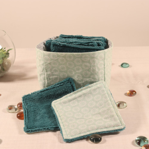 10 cotons en éponge bambou réutilisable et son panier motif soleil